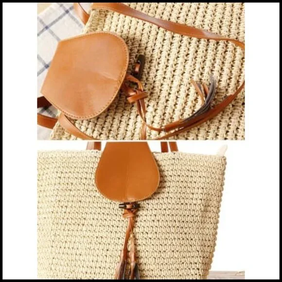 Hand-Woven Straw Tote Shoulder Bag Large Beach Purse Minimal Boho Vacation - Picture 6 of 7